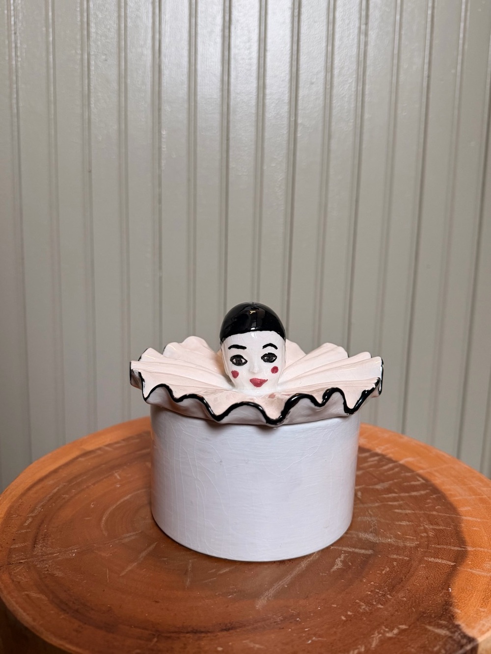 Vintage Art Deco White Ruffled Pierrot Trinket Box with Hand-Painted Face